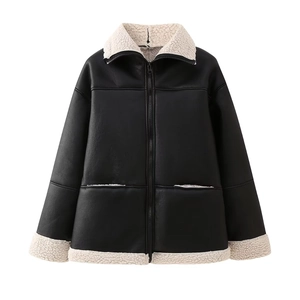 Veste en Similicuir pour Femme Doublée de Peau de Mouton Revers Fermeture Éclair Hiver Chaud Décontracté Streetwear Manteau Biker