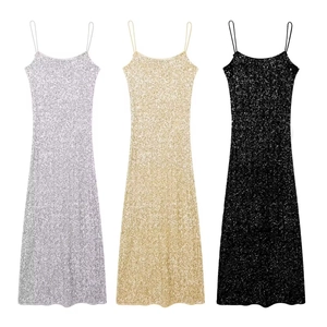 Women's Sexy Sequin Spaghetti Strap Bodycon Maxi Dress Elegant Backless Night Club Party Evening Dress Sleeveless