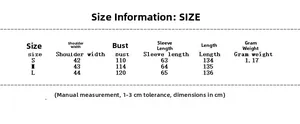 Detailed size chart for long faux leather coat showing bust and length measurements