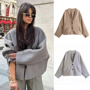 Veste en Laine Oversize Décontractée pour Femmes Col en V Manteau Court à Manches Longues Mode Streetwear Chaud Minimaliste Automne