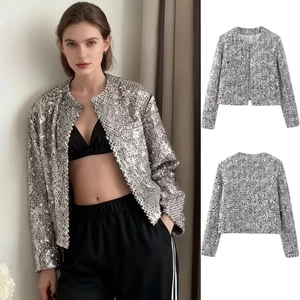 Elegant Silver Sequin Tweed Blazer For Women Round Neck Long Sleeve Open Front Cropped Jacket For Party Banquet Clubwear
