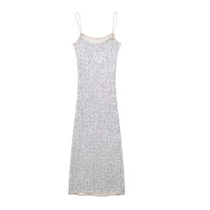 Elegant silver sequin bodycon midi dress with delicate spaghetti straps on white background