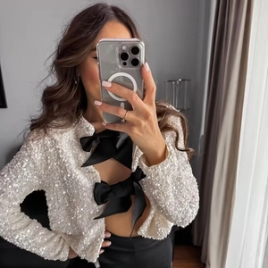 Cárdigan Corto de Lentejuelas para Mujer con Lazos Manga Larga Cuello Redondo Chaqueta de Fiesta Brillante Blusa de Moda