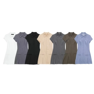Dames Casual Polokraag Korte Mouw Mini-Jurk Rits Geplooid Hoge Taille A-lijn Streetwear Zomerjurk