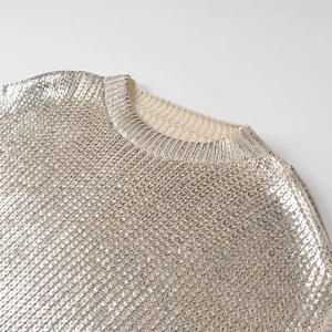Women's metallic crewneck sweater with sequins on beige knit for a sparkling spring style