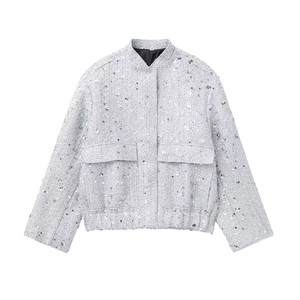 Women's chic sequined tweed jacket in silver grey with stand collar and flap pockets