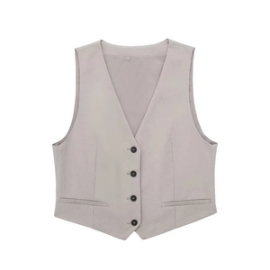 Gilet de costume gris slim chic avec col en V et fermeture à quatre boutons