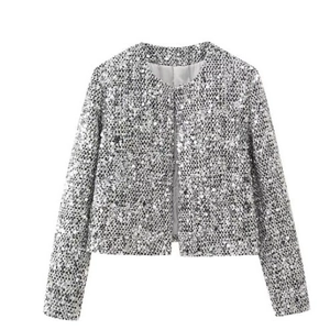 Women's silver sequin tweed jacket with round neck and metallic shimmering texture