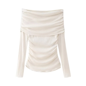 Off-white ruched off-shoulder long sleeve cotton T-shirt with elegant folded neckline