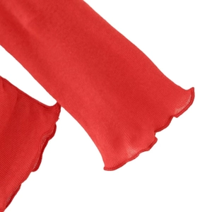 Off-shoulder red cotton T-shirt featuring pleated waist and decorative ruffled hem details