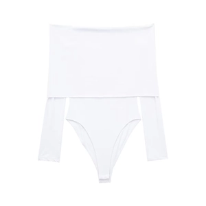 White off-shoulder fold-over neckline long sleeve bodysuit in elastic nylon blend fabric
