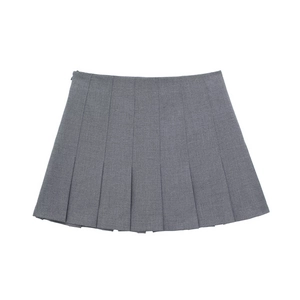 Classic grey pleated mini skirt with high waist A-line design in premium woven fabric