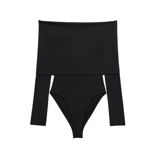 Chic black off-shoulder long sleeve bodysuit in elastic nylon blend fabric