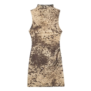 Robe Mini Femme Sans Manches Col Montant Imprimé Animal Maille Froncée Bodycon Marron Beige Streetwear Mode Été