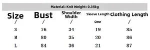 Size chart for the short sleeve knit dress including bust, shoulder, and length metrics