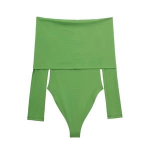 Flat lay of grass green off-the-shoulder bodysuit with long sleeves and smooth fabric