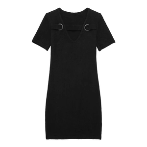 Women's Slim Fit Knitted Mini Dress Short Sleeve V Neck With Industrial Metal Ring Buckles Black Bodycon Casual Dress
