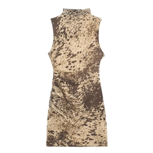 Robe courte sans manches à col montant avec imprimé animalier et fronces latérales