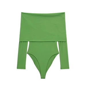 Grass green off-the-shoulder long sleeve bodysuit with fold-over collar in elastic fabric