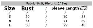 Detailed size chart for long sleeve knitted top including bust and sleeve measurements