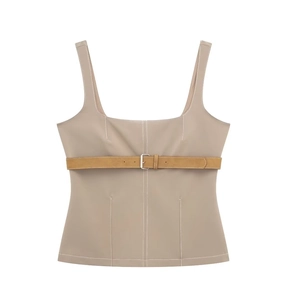 Women Contrast Stitching Slim Fit Sleeveless Crop Top With Belt Square Neck Khaki Streetwear Tank Top Utility Corset Top