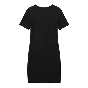 Minimalist short sleeve knitted black dress with a round neck and slim fit silhouette