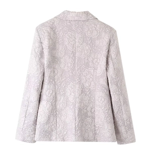 Women's textured lavender blazer featuring floral jacquard relief and slim fit back design