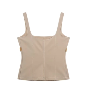 Women's khaki corset vest with contrast stitching and brown leather side buckles