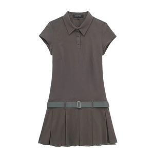 Abito Mini da Donna Casual con Colletto Polo Manica Corta a Pieghe con Cintura Tinta Unita Stile Preppy Sportivo