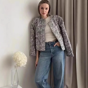 Stylish silver sequined tweed jacket for women featuring a minimalist stand-collar design