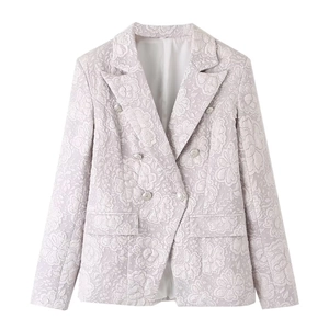 Elegant Women Jacquard Floral Blazer Double Breasted Notch Lapel Suit Jacket Lavender Office Lady Embossed Texture Top