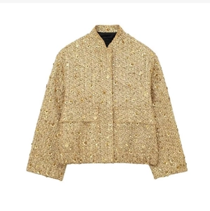 Women's gold sequined tweed jacket with stand collar and double front patch pockets