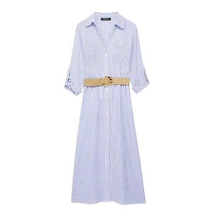 Women Elegant Blue Striped Shirt Dress With Woven Belt Long Sleeve Button Down Single Breasted Midi A-Line Dress For Office
