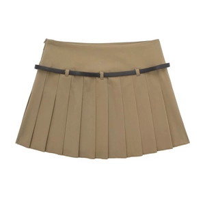 Mini-jupe plissée kaki pour femme avec ceinture décorative au style preppy chic