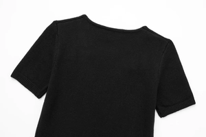 Detail shot of the ribbed cuff and neck line on a black short-sleeved knitted dress