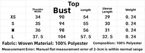 Size chart for leopard print top with polyester fabric measurements from XS to L