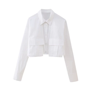 Chemise courte blanche à manches longues pour femme avec col polo et doubles poches