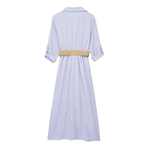 Blue and white striped shirt dress with a brown woven belt in a flat lay back view