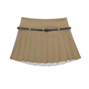 Mini-jupe plissée kaki avec ceinture marron et ourlet brut effiloché pour femme
