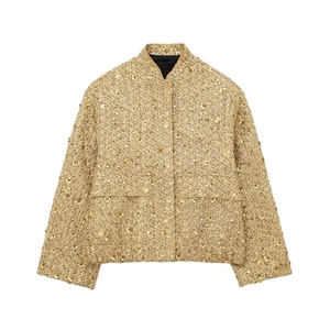 Chic women's gold sequin tweed jacket with classic stand collar and large pockets