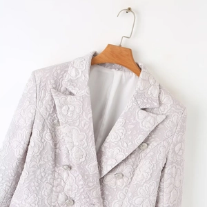 Elegant lavender textured blazer for women with jacquard floral pattern and silver buttons