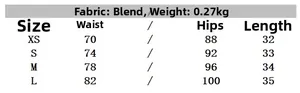 Size chart showing fabric details and measurements for women's fashion skorts