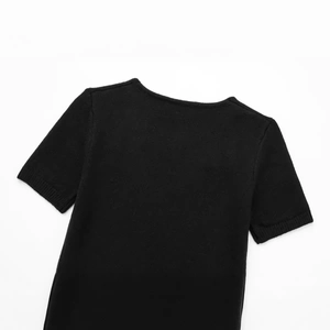 Short sleeve black knit dress for women with round neck and premium textured fabric