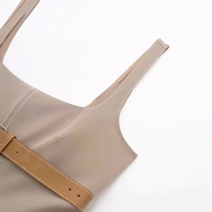 Women's khaki square neck top with brown leather straps and contrast stitching details