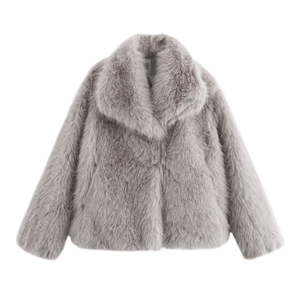 Manteau court en fausse fourrure gris clair pour femme avec col à revers doux