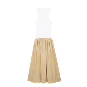 Minimalist sleeveless patchwork dress featuring a white bodice and pleated khaki maxi skirt