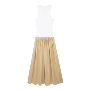 Women's Sleeveless Stitching Dress Cotton Blend Round Neck High Waist Pleated A-Line Maxi Dress For Summer Casual Elegant