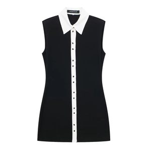 Abito Mini da Donna Senza Maniche Color Block Colletto Polo Monopetto Vestito Corto Aderente Bordo a Contrasto Casual
