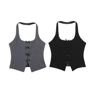Women Bow Knot Halter Neck Top Slim Fit Sleeveless Backless Vest Waistcoat Gray Black Short Shirt Fashion Streetwear