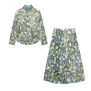 Chemise à Manches Longues à Imprimé Floral pour Femmes et Jupe Midi Plissée à Taille Haute Top et Bottom Ensemble Élégant